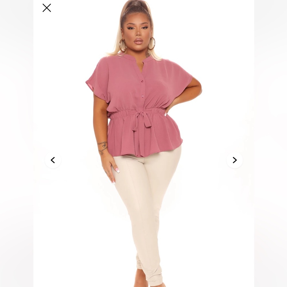 Pink Button-Up Blouse with Tie Waist👛